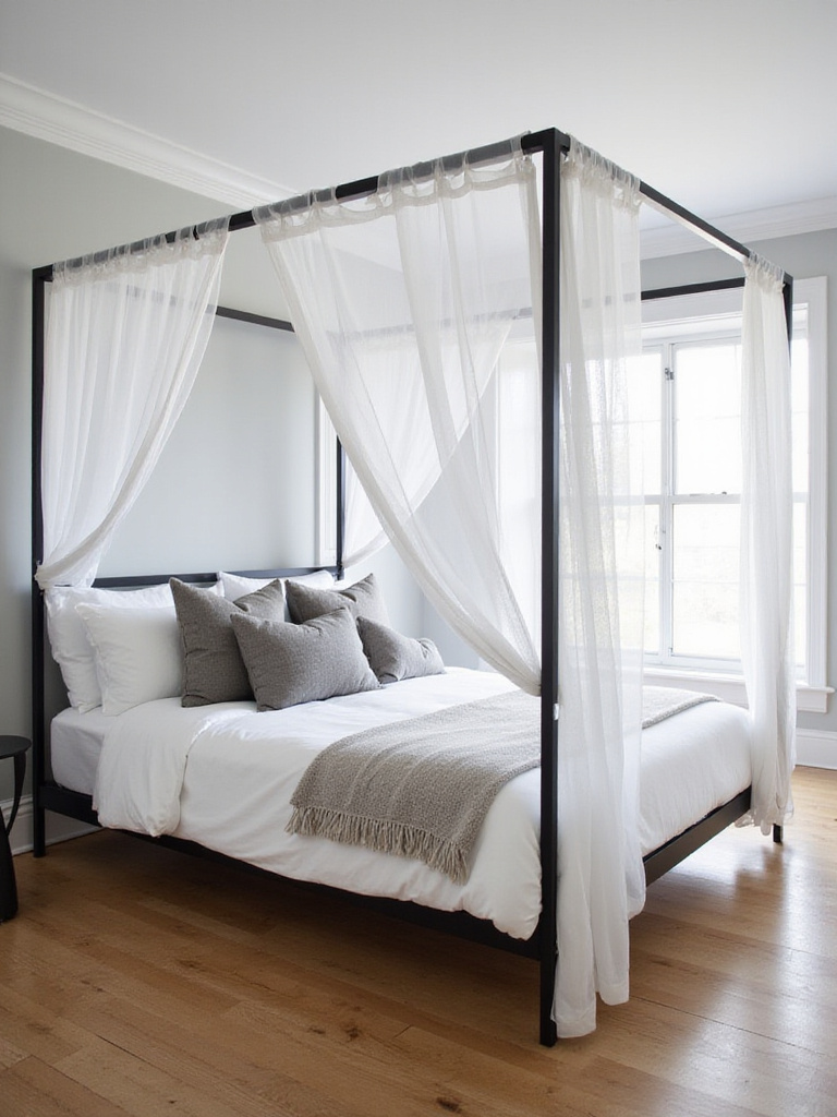 Modern bedroom featuring a minimalist black metal canopy bed with sheer white curtains.
