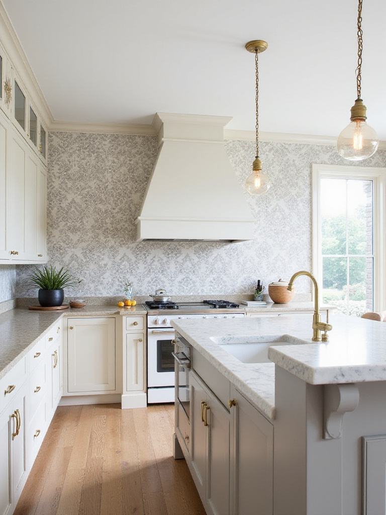 Modern kitchen with grey damask wallpaper accent wall, marble island, and brass hardware