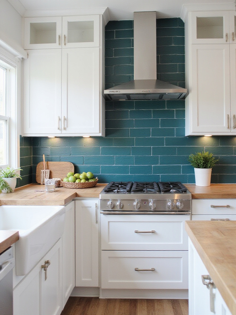 Modern farmhouse kitchen with teal beadboard backsplash