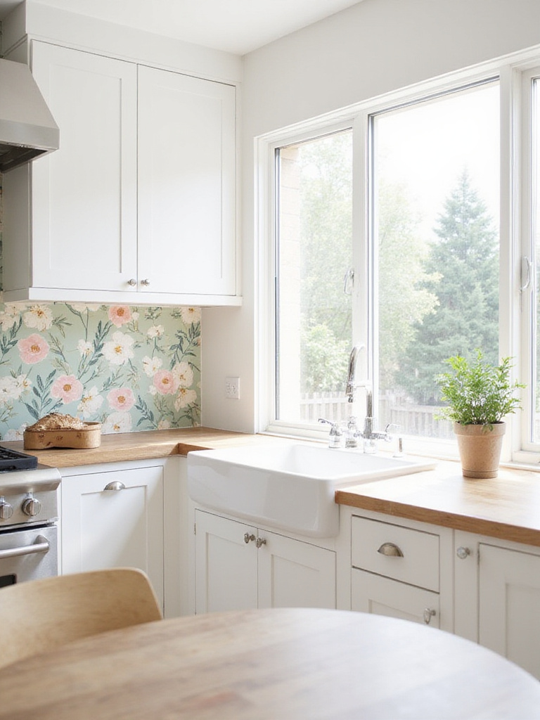 Modern kitchen with floral wallpaper backsplash in sage green, blush pink, and cream.