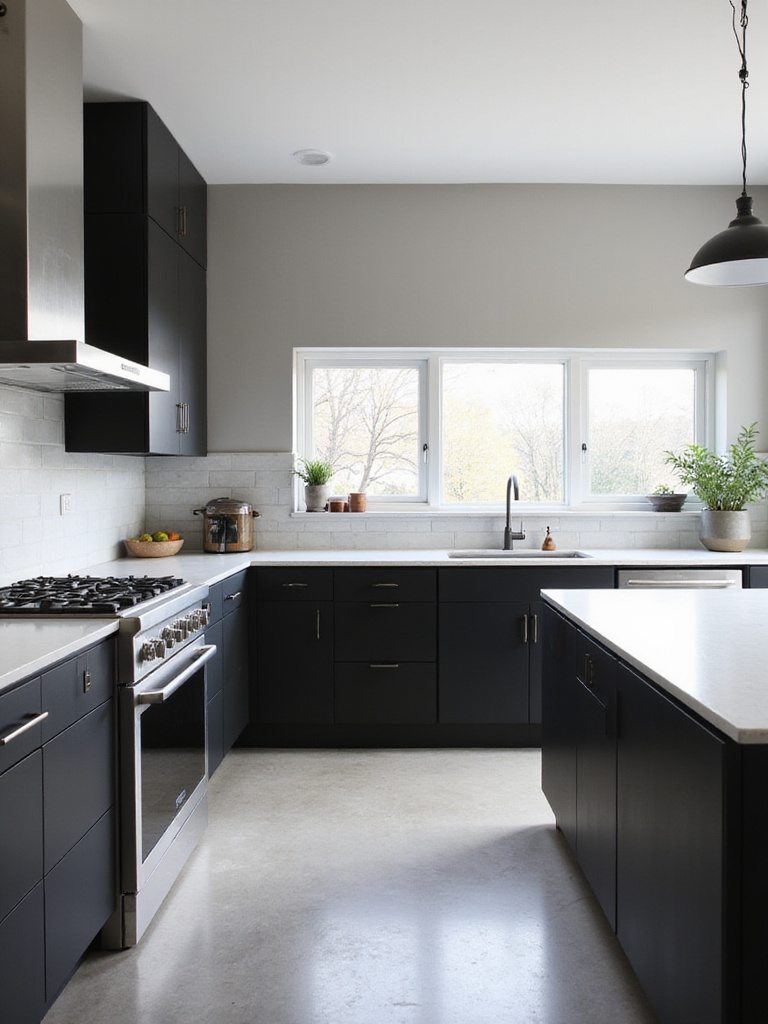 Modern kitchen with sleek matte black cabinets and white quartz countertops.