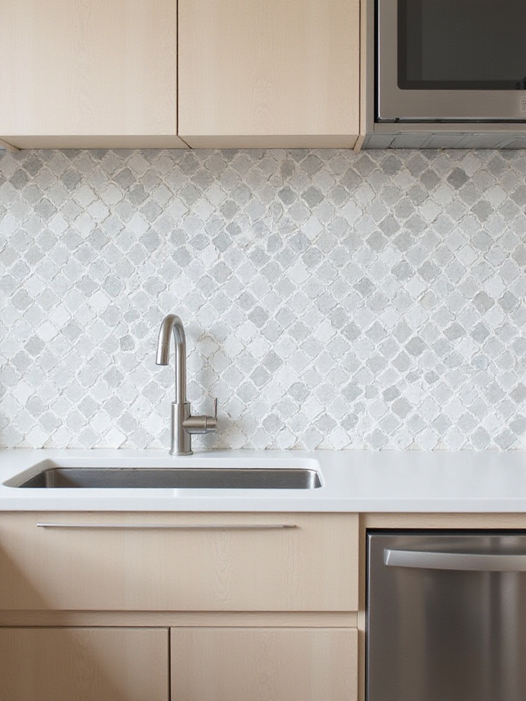 Modern kitchen backsplash with light gray and white glass herringbone mosaic tile.