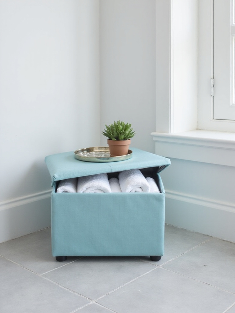 Small bathroom with light blue storage ottoman holding towels and a succulent.