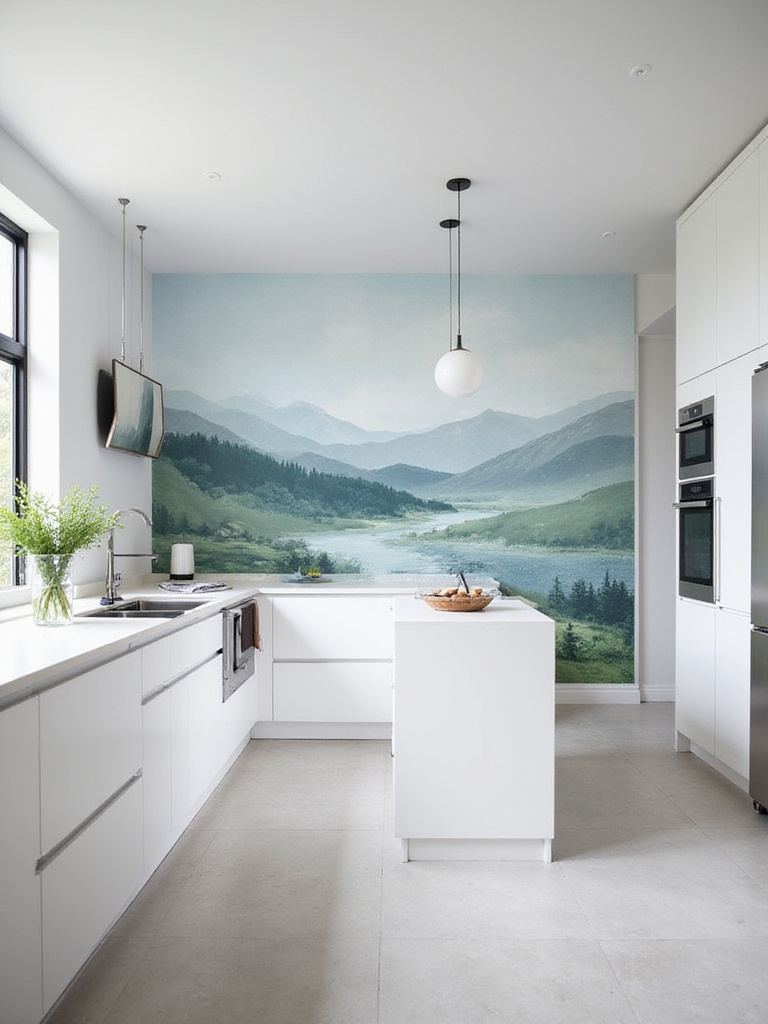 Modern kitchen with abstract landscape mural wallpaper as a statement wall