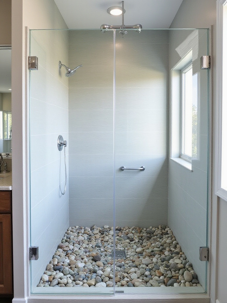 Bathroom shower featuring a natural stone and pebble floor