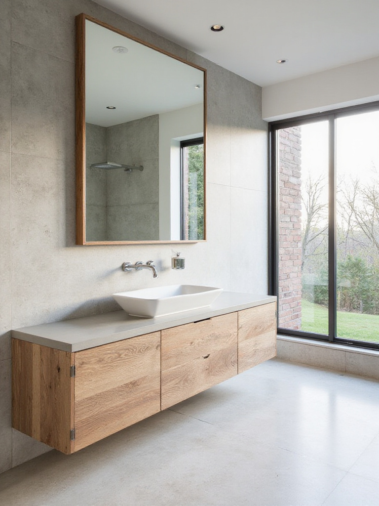 Contemporary bathroom featuring wood vanity, concrete countertop, and stone accent wall.
