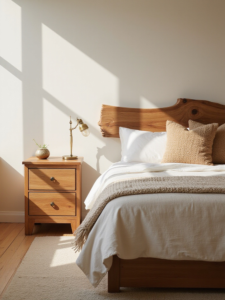 Cozy bedroom with natural wood furniture, including a live-edge headboard and wooden nightstands.
