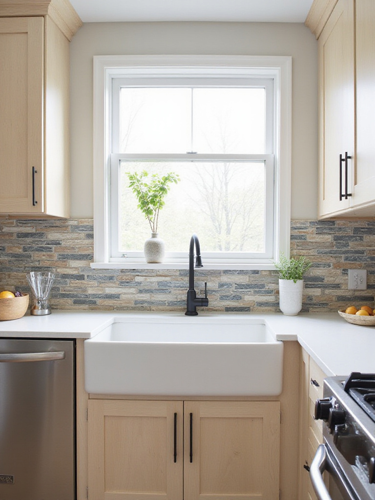 Modern kitchen with stone-look backsplash for organic style