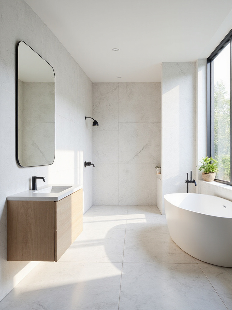 Contemporary bathroom featuring a neutral color palette of white and gray, with honed marble floors and light wood vanity
