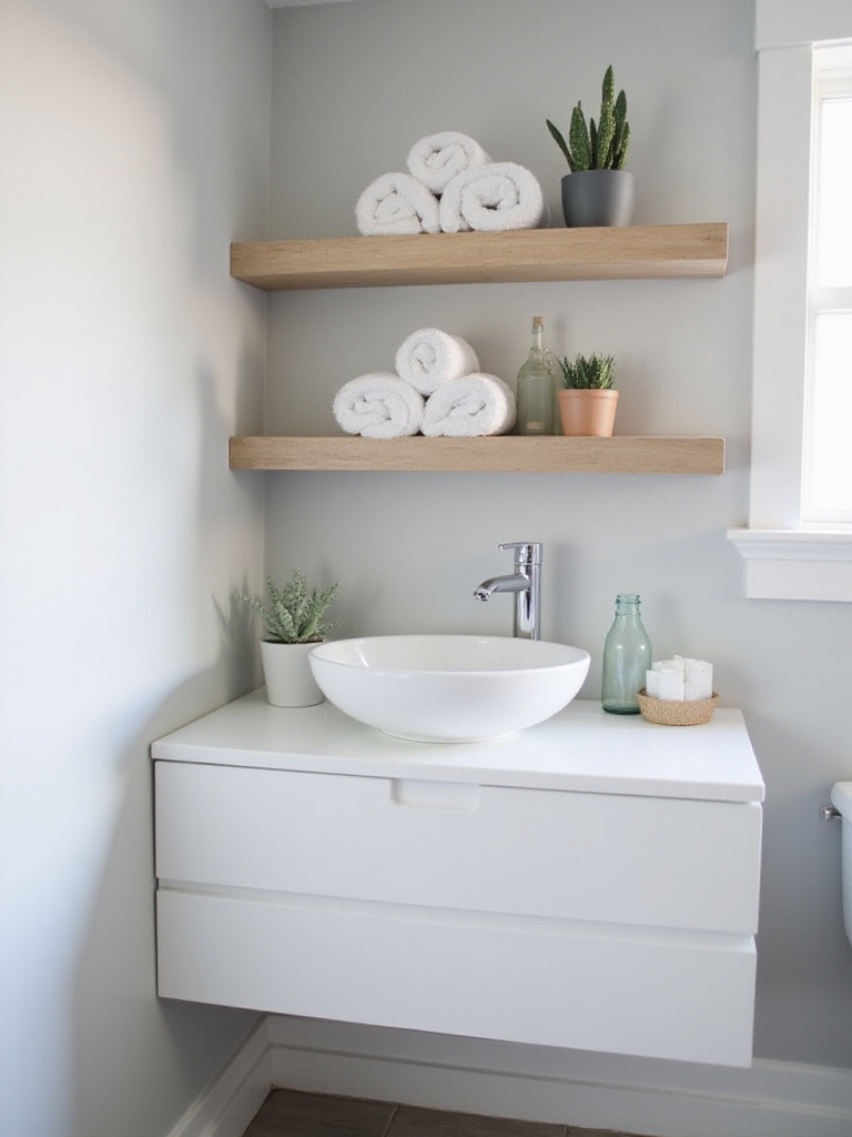 Contemporary bathroom with light wood open shelving displaying towels and decorative items.