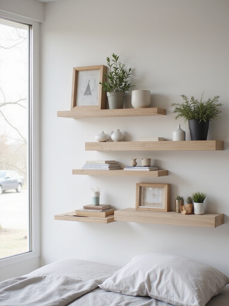 Modern bedroom with light wood open shelving displaying books and decorative objects.
