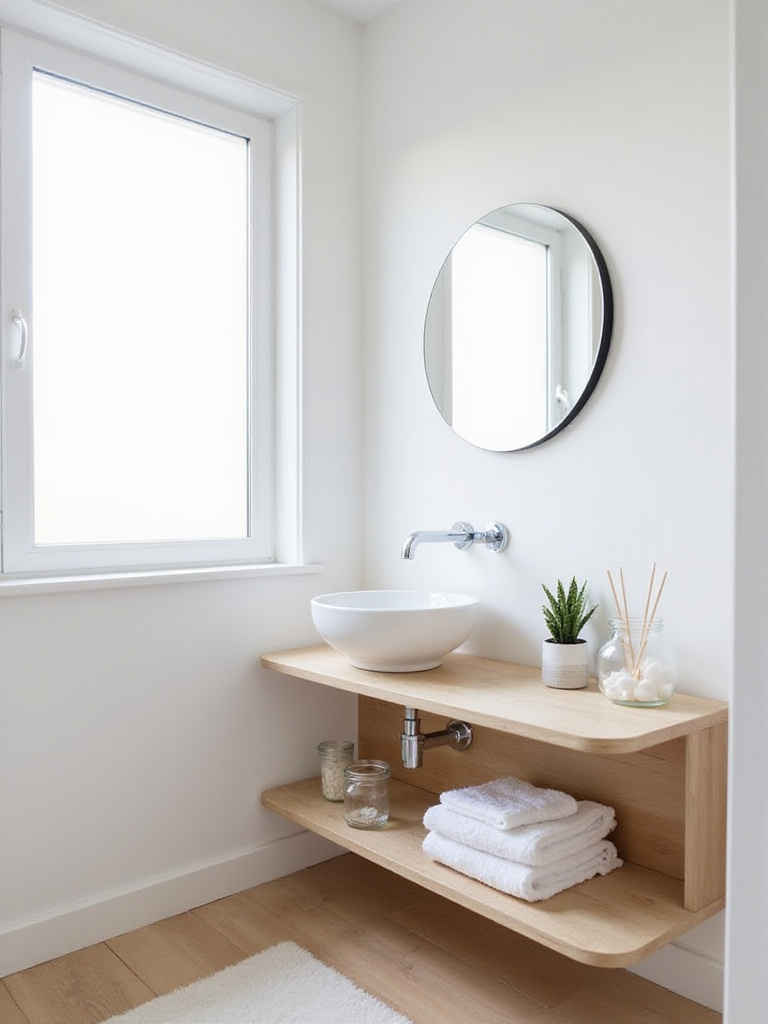 Small bathroom with white walls and light wood open shelving under a sink, creating an airy feel.