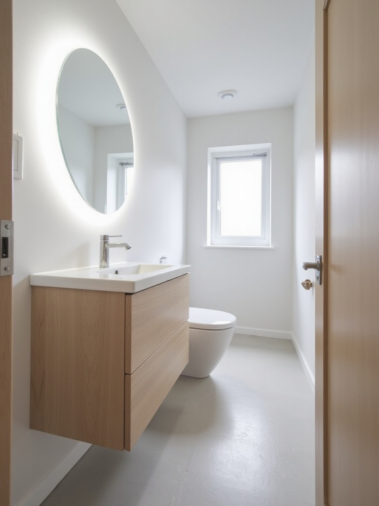 Small bathroom featuring a wall-mounted vanity and toilet to maximize space.