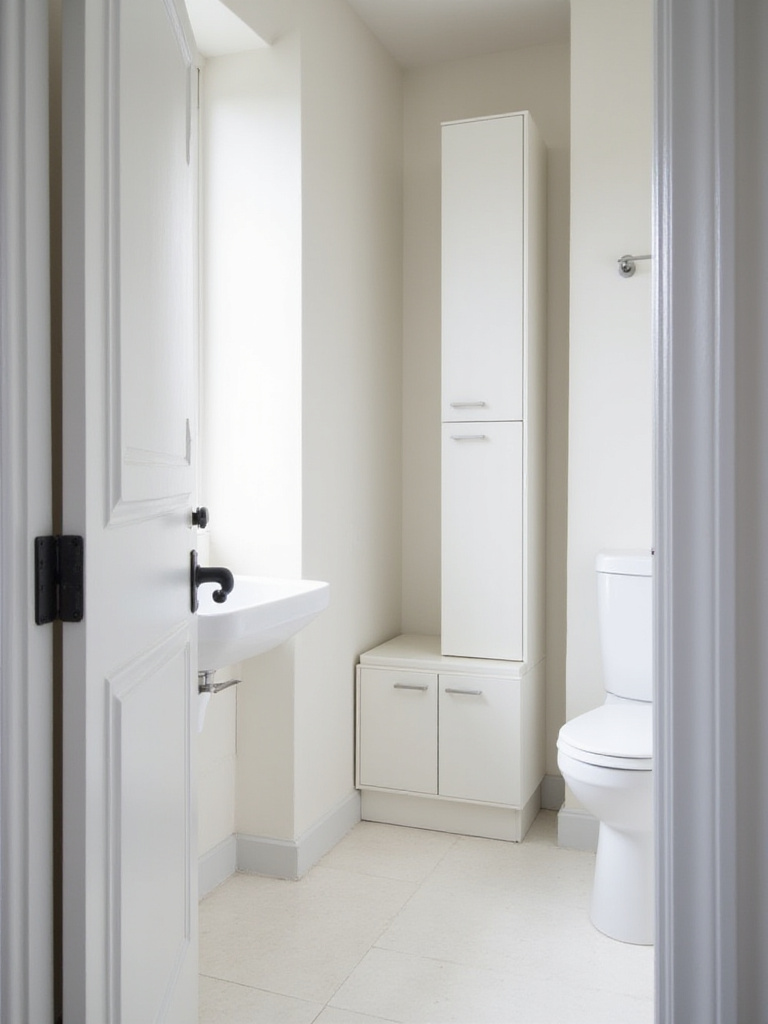 Small bathroom layout optimized for space and efficiency with corner sink and pocket door