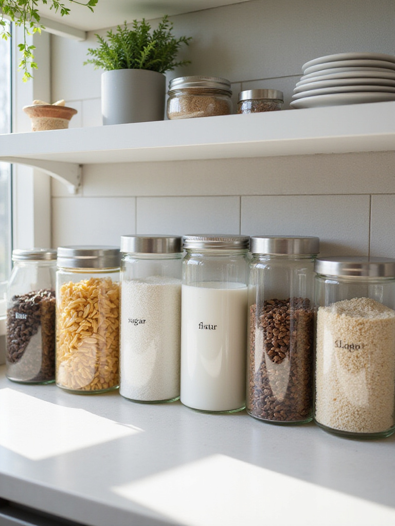 A collection of decorative glass, ceramic, and metal canisters filled with pantry staples like pasta, rice, and flour, neatly arranged on an apartment kitchen counter or open shelf, demonstrating stylish and space-saving storage.