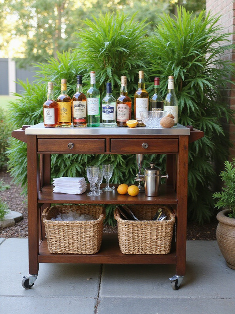 Outdoor bar cart on a porch filled with liquor bottles, glassware, and bar tools, perfect for entertaining.