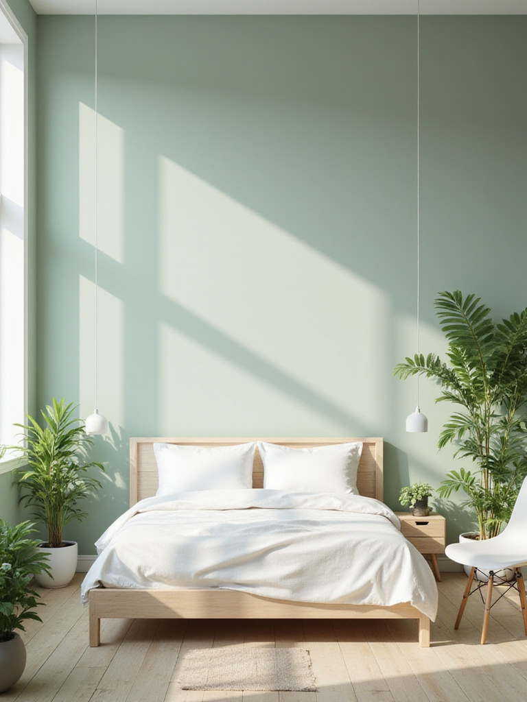 Bedroom accent wall painted sage green, creating a calming and modern space.