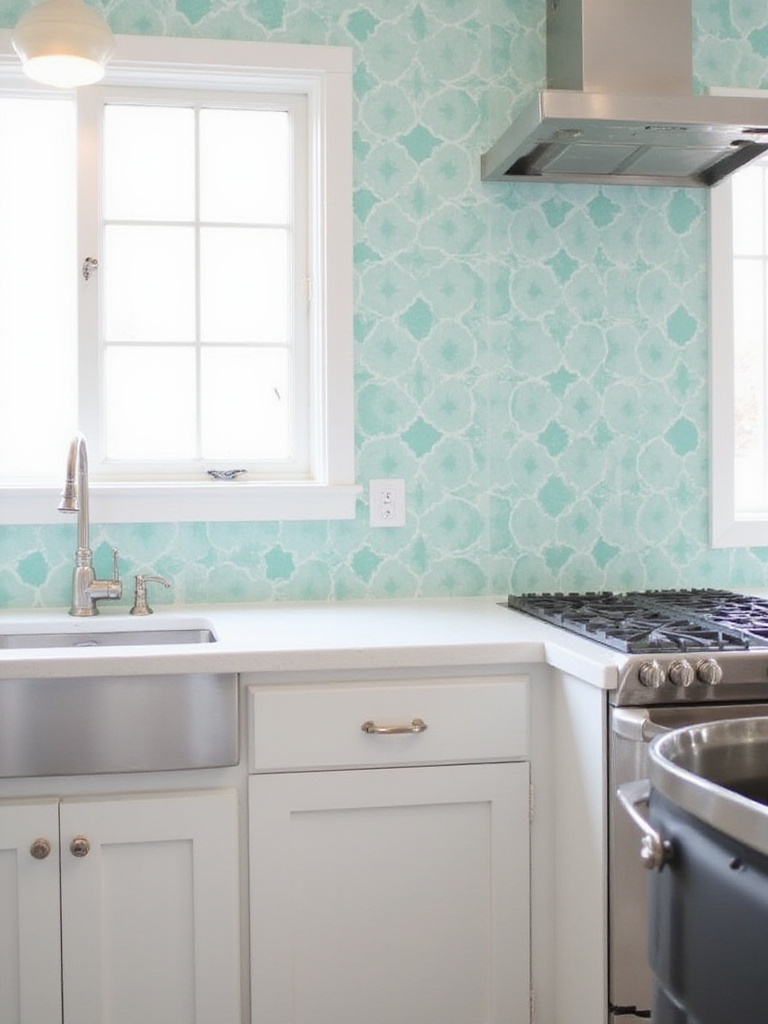 Modern kitchen with teal and white geometric peel and stick wallpaper backsplash