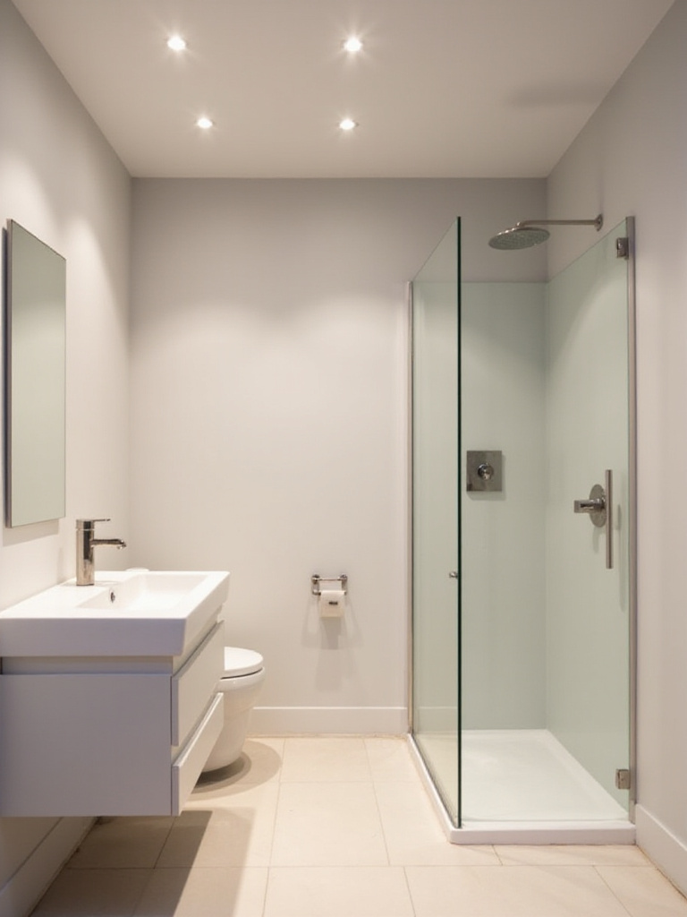 Small bathroom with recessed lighting providing even and ambient illumination, creating a spacious and serene atmosphere.