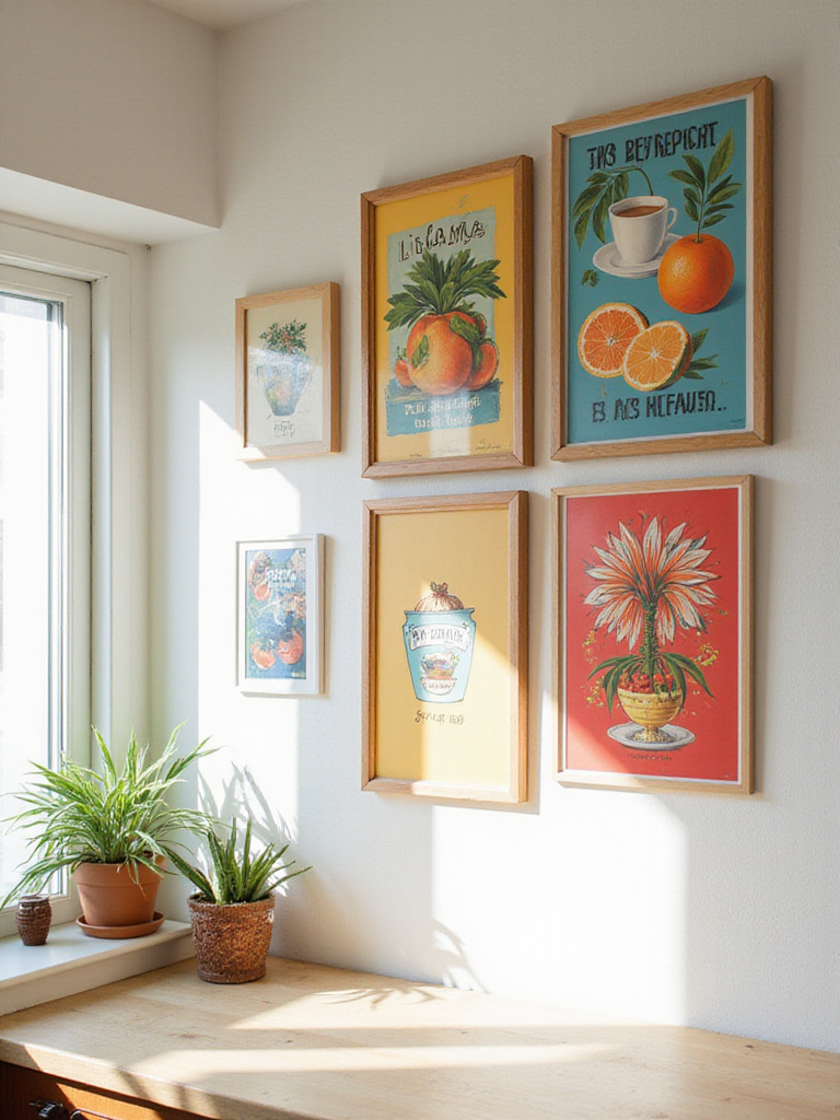 A vibrant apartment kitchen wall decorated with a gallery of colorful art prints featuring kitchen themes like fruit, coffee, and vintage food designs, adding personality and style.
