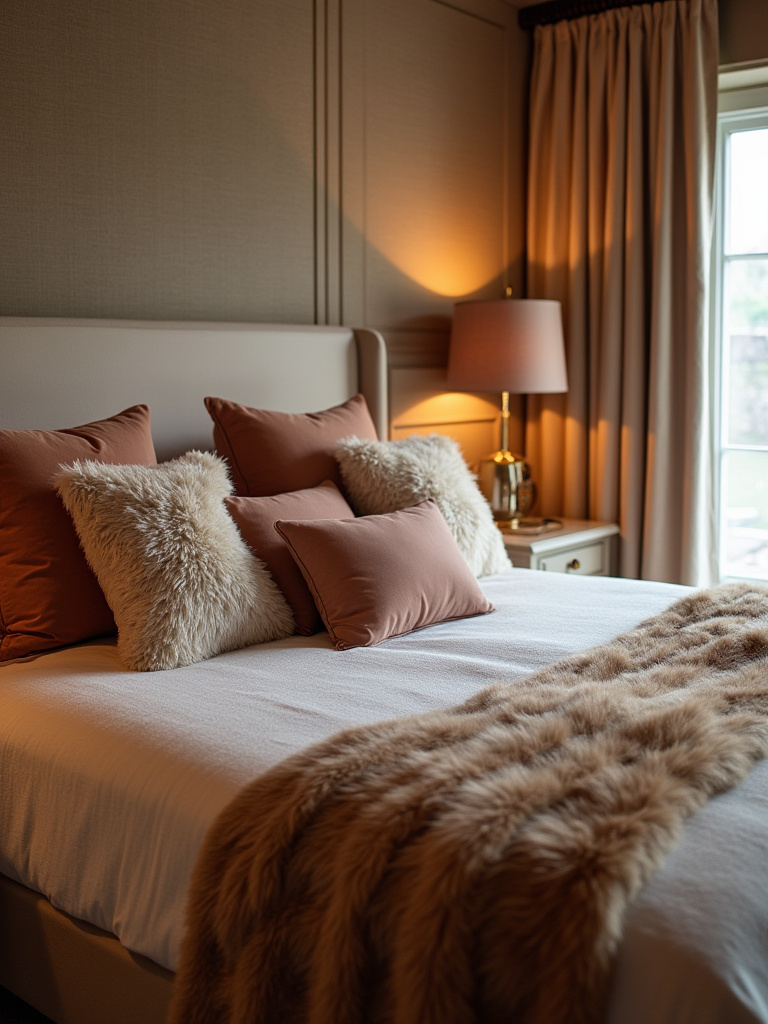 Cozy bedroom with a king-sized bed featuring a variety of luxurious textured scatter cushions.