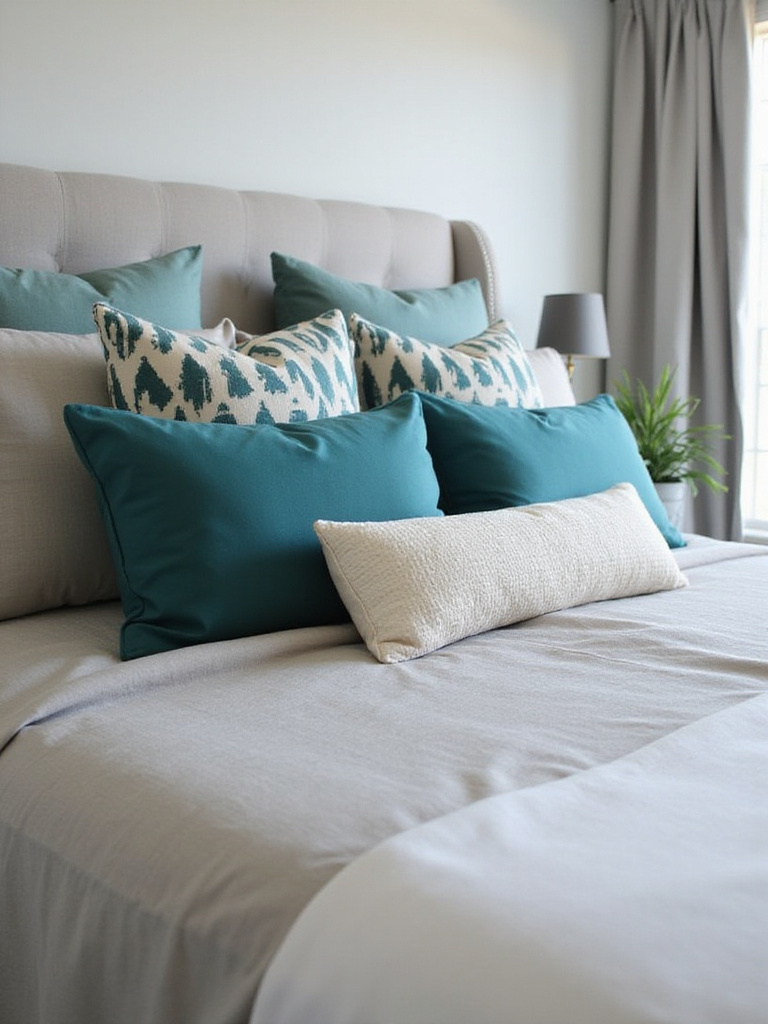 Queen bed with linen bedding and five decorative throw pillows in teal and cream, creating texture and color.