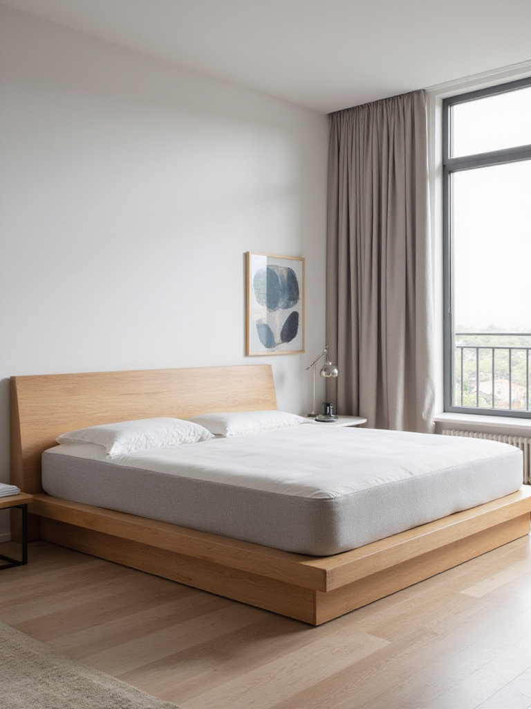 Modern bedroom interior featuring a minimalist wooden platform bed with a light grey mattress.
