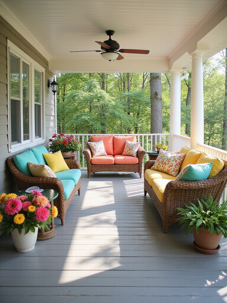 Covered porch with wicker furniture and colorful plush outdoor cushions in teal, coral, and yellow hues.