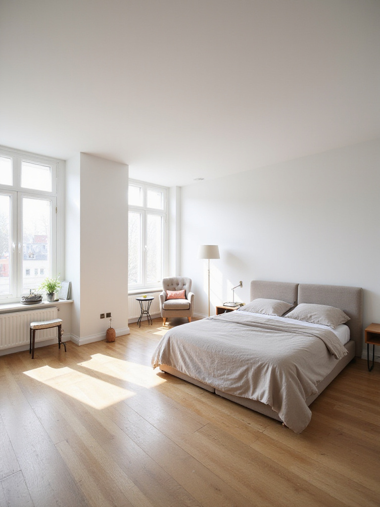 Modern bedroom with rearranged furniture to create a spacious and inviting feel.