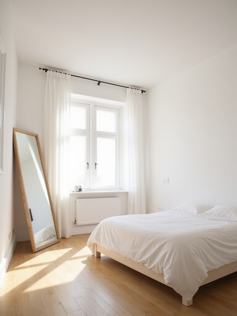 Modern bedroom with a large leaning mirror reflecting light and creating a sense of spaciousness.