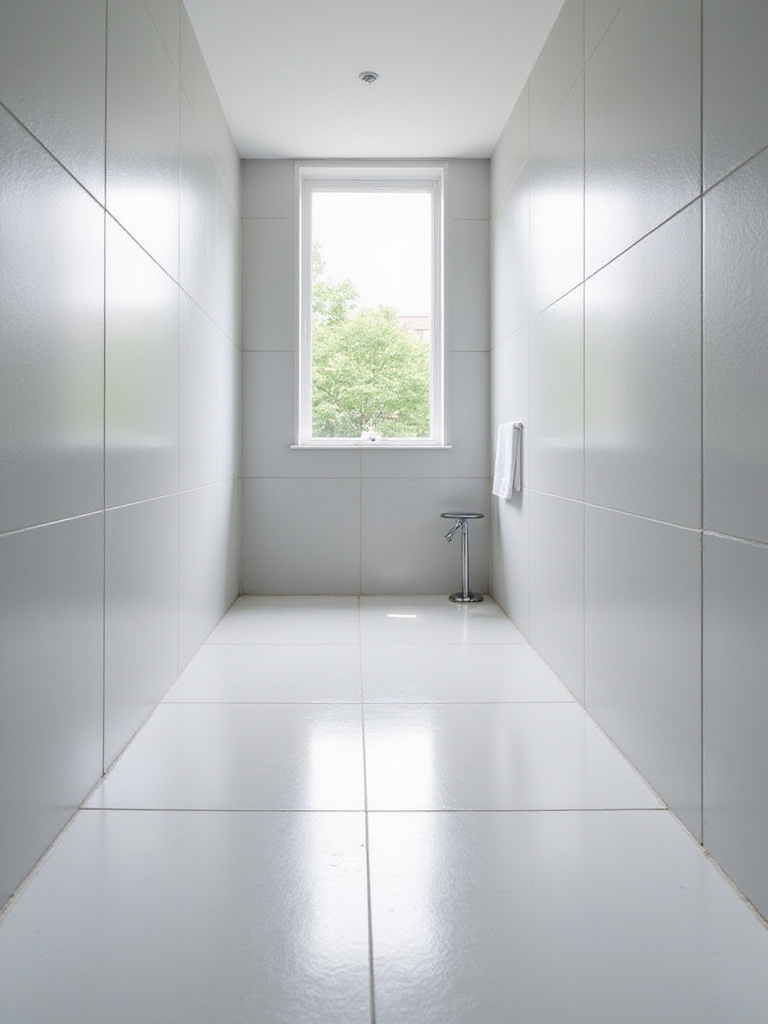 Small bathroom with light gray glossy tiles reflecting light to maximize space