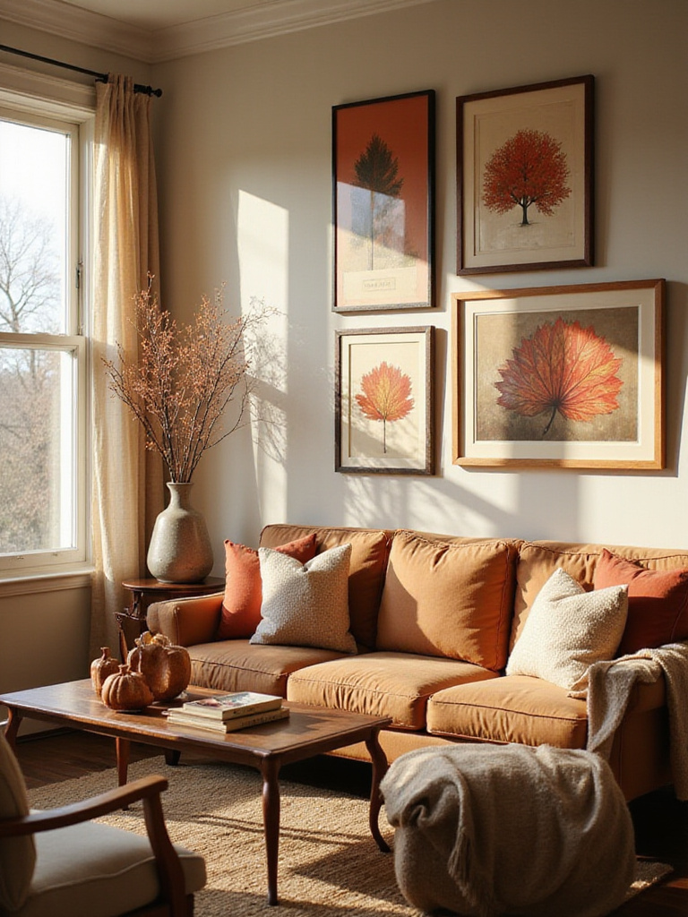 Living room art display featuring framed prints and abstract art in warm autumn colors, reflecting the seasonal theme.