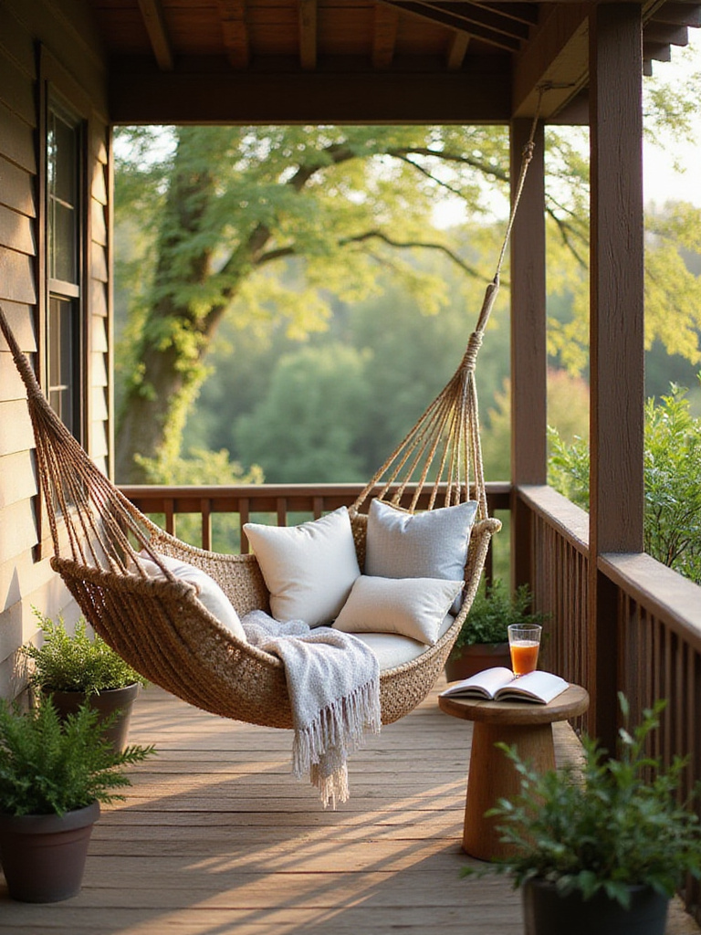 Relaxing rope hammock with cushions and blanket on a covered porch.