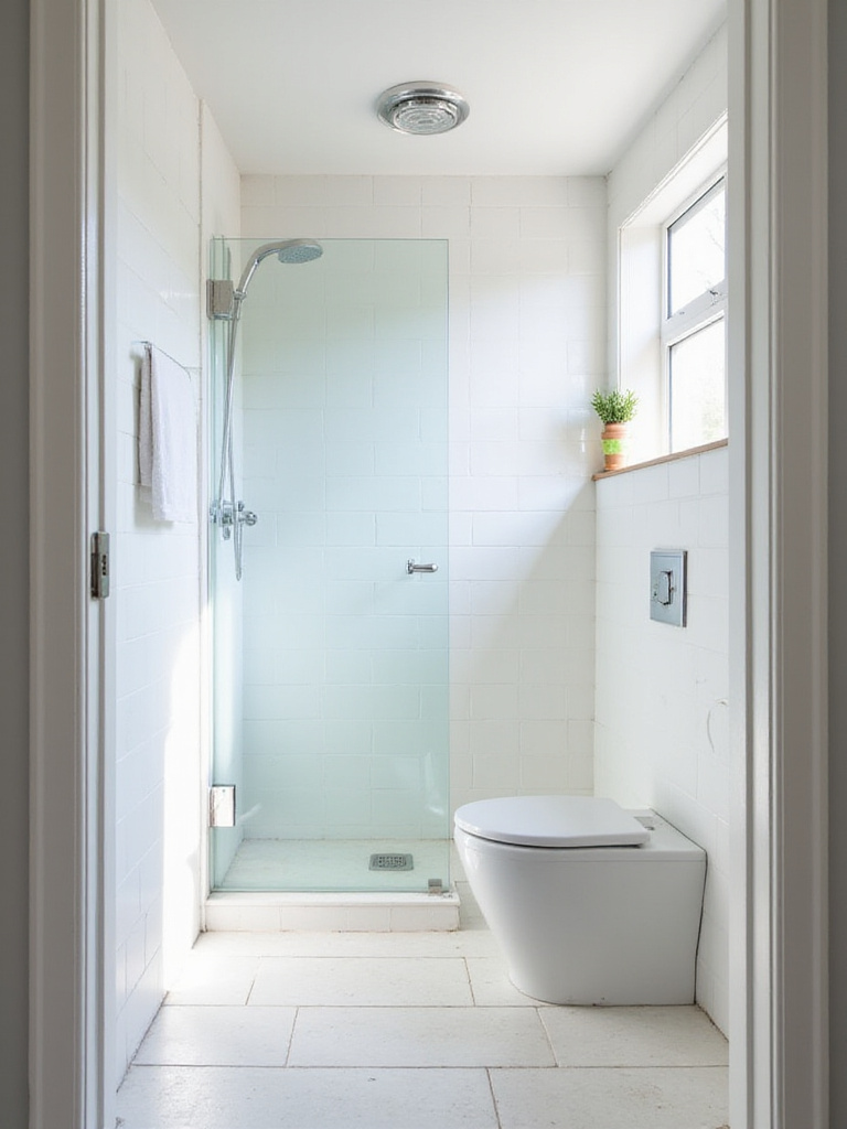 Small bathroom with frameless glass shower panel