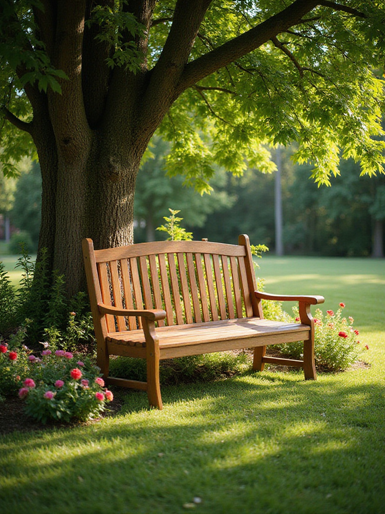 Handcrafted wooden garden bench nestled amongst lush greenery