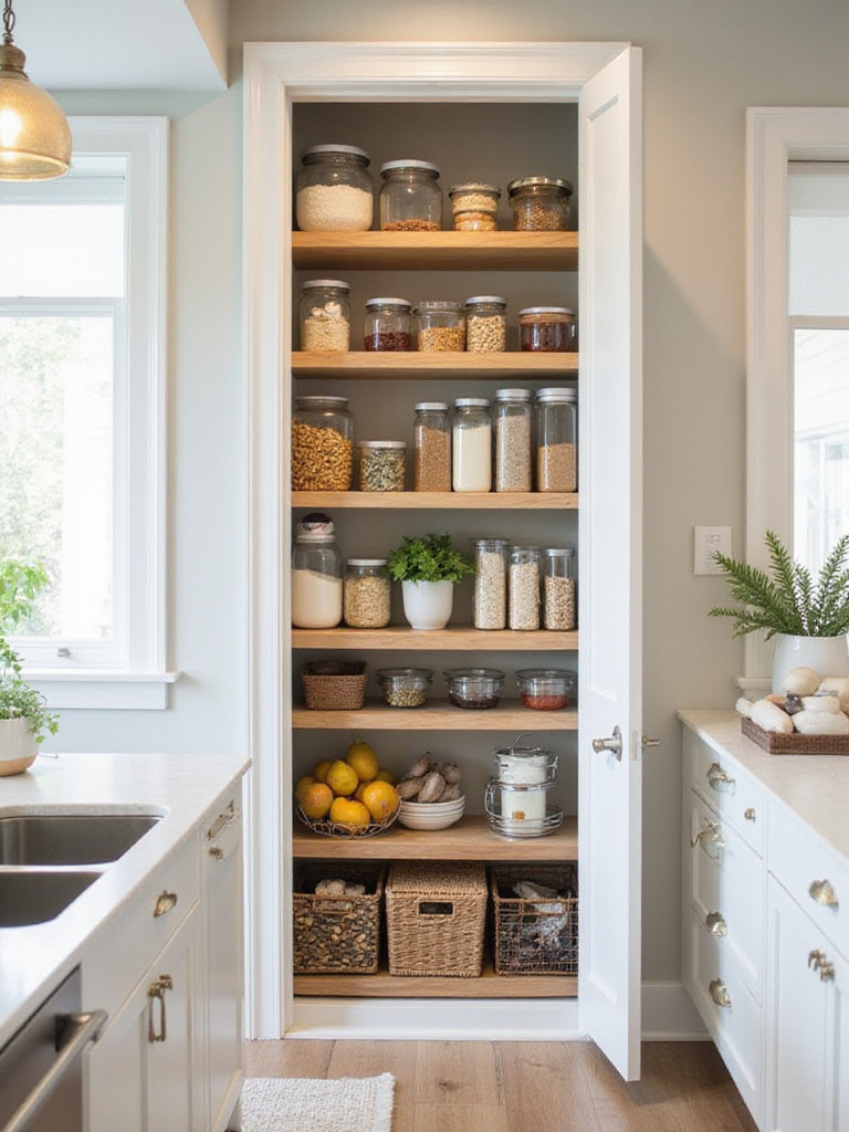 Well-organized reach-in kitchen pantry with clear containers and adjustable shelves