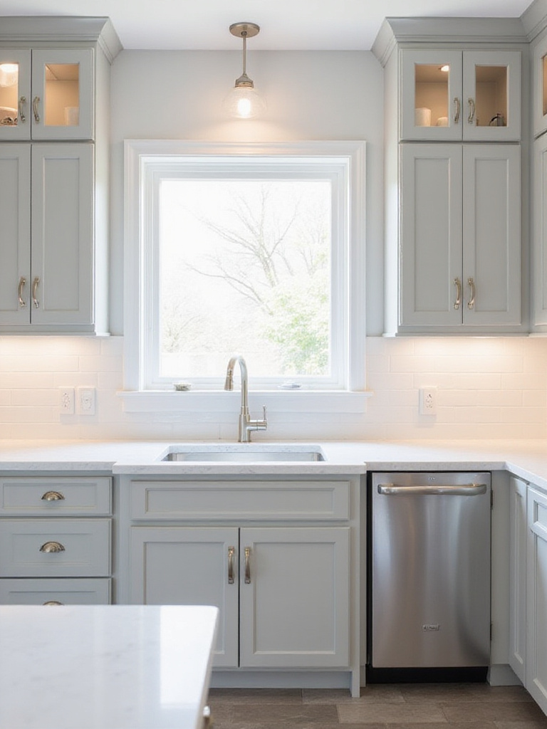 Modern kitchen with light gray Shaker cabinets and brushed nickel hardware.