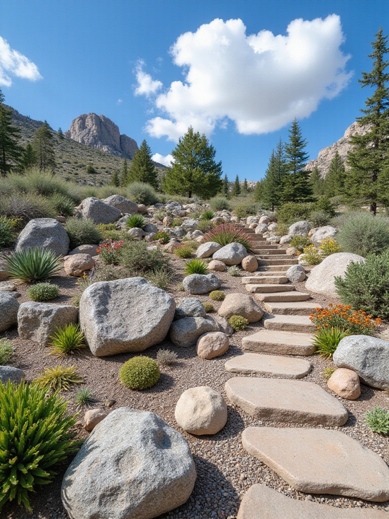 Beautiful low-maintenance rock garden with succulents and drought-tolerant plants.