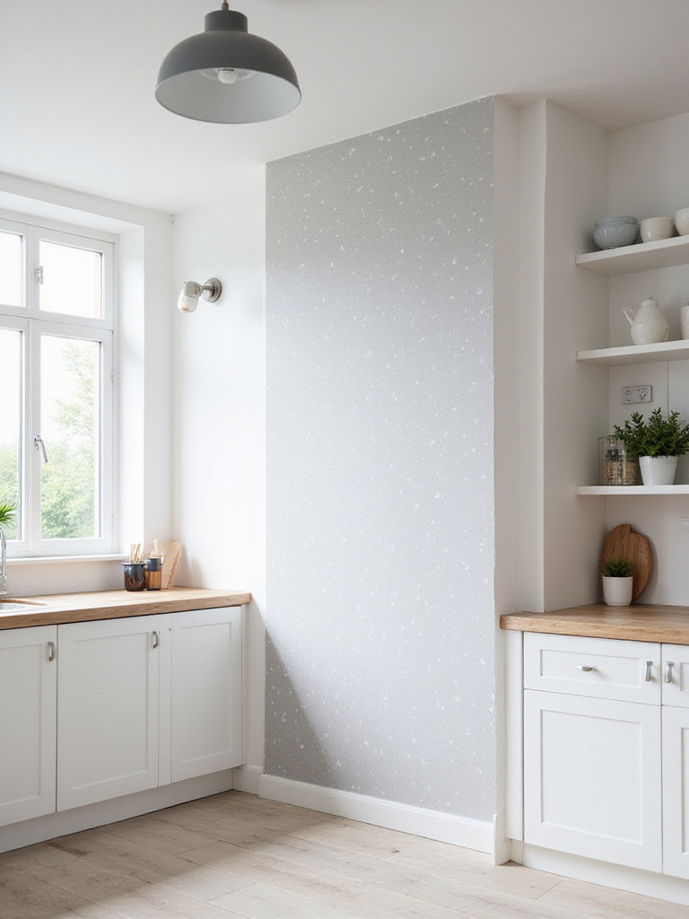Bright Scandinavian kitchen with light gray geometric wallpaper accent wall