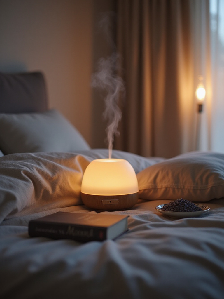 Bedroom interior with aromatherapy diffuser and lavender, creating a relaxing atmosphere.