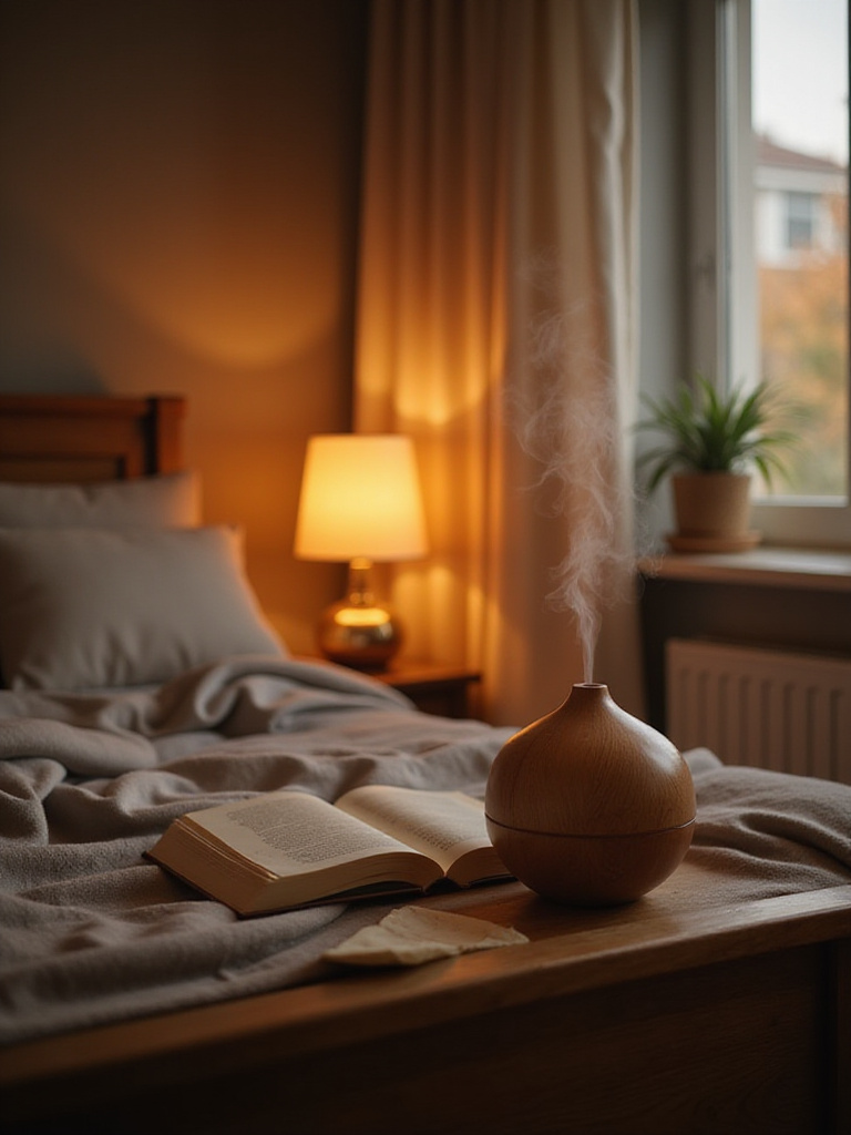 Cozy bedroom with essential oil diffuser for aromatherapy relaxation.