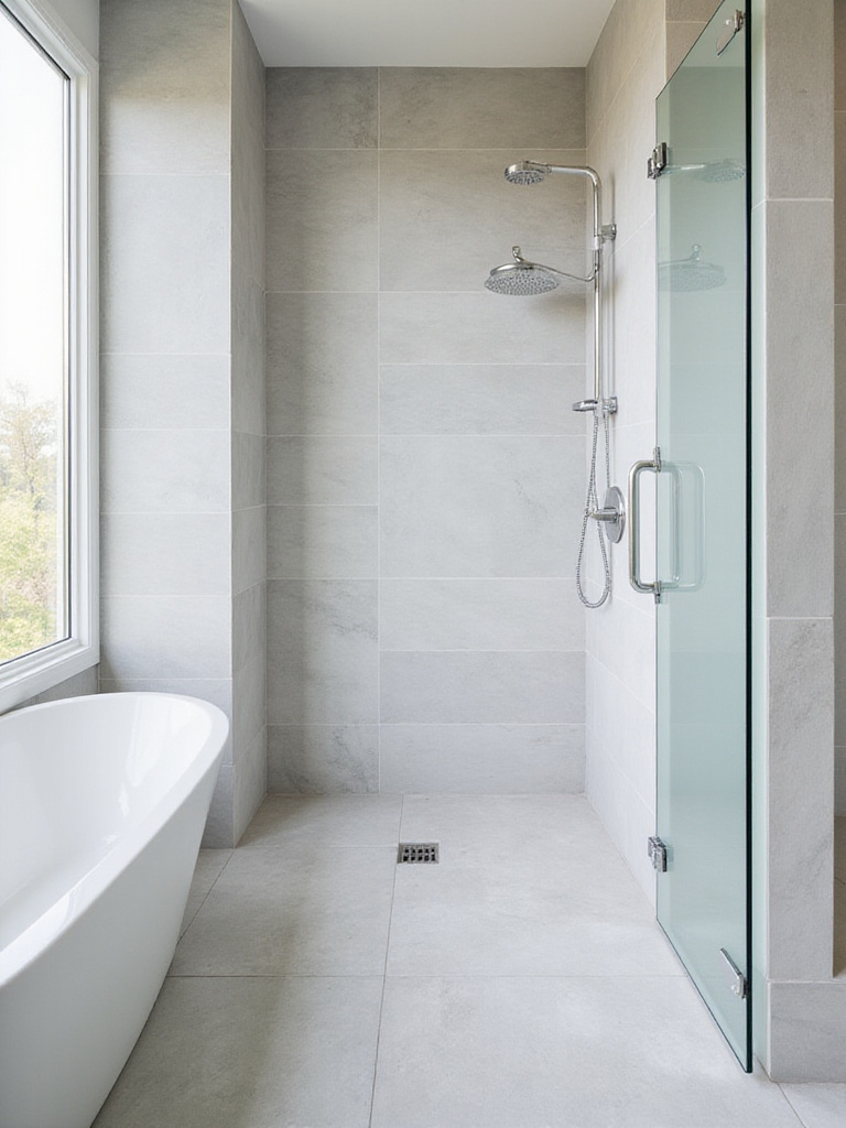 Modern curbless shower design with seamless tile flooring and linear drain