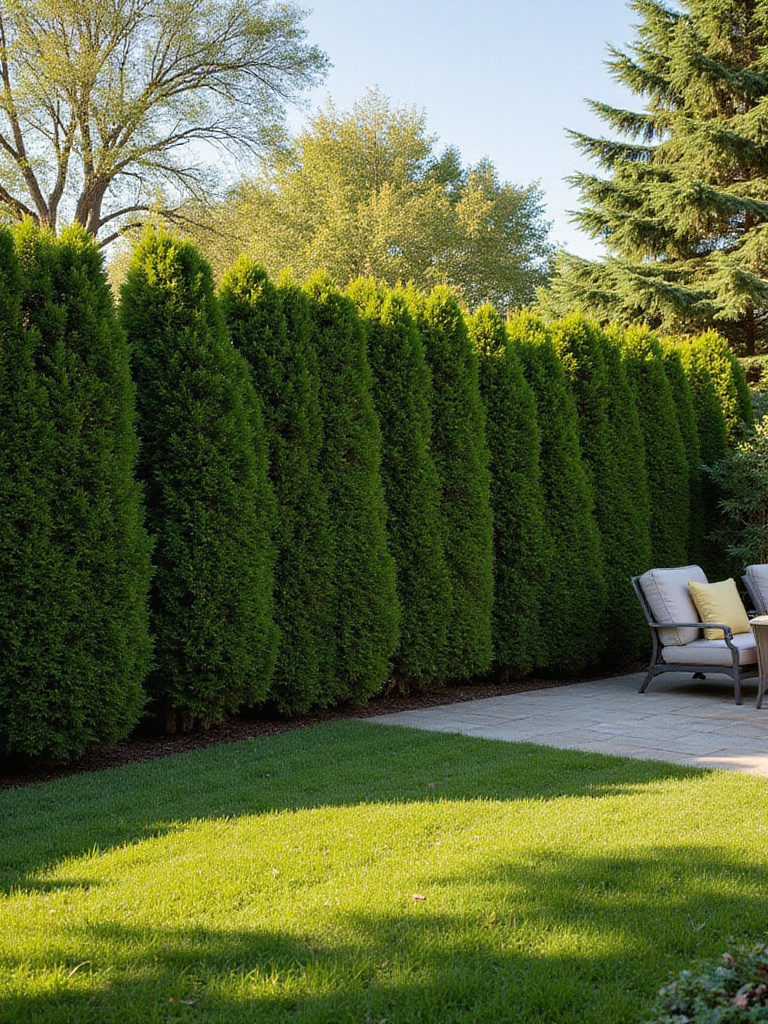 Lush green privacy hedge creating a secluded backyard oasis.
