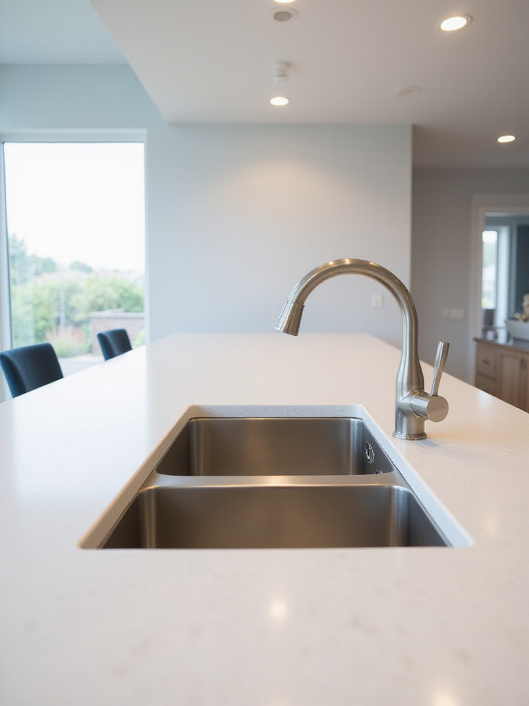 Modern kitchen with stainless steel double bowl sink and brushed nickel faucet
