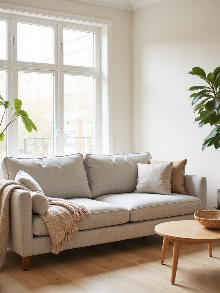 Serene living room featuring a comfortable, unfussy light gray linen sofa.
