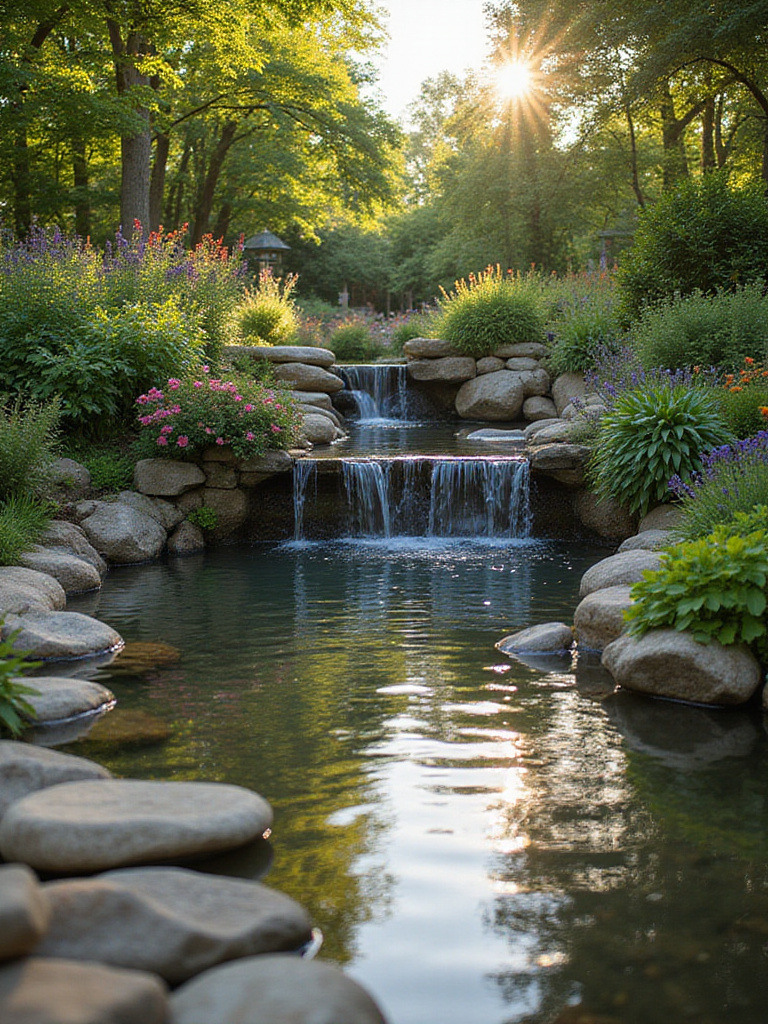 Tranquil backyard with a natural stone waterfall and pond.