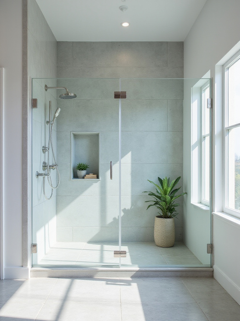 Modern bathroom with frameless glass shower enclosure and rainfall showerhead.