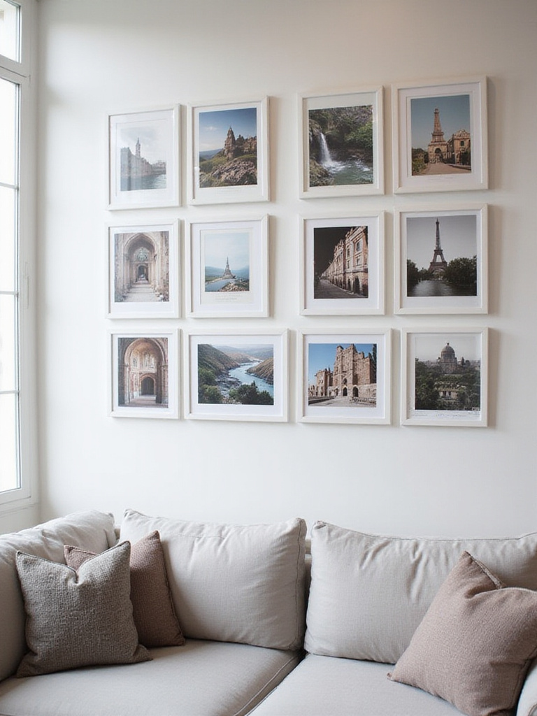 A contemporary living room with a gallery wall displaying framed personal landscape and travel photography above a sofa.