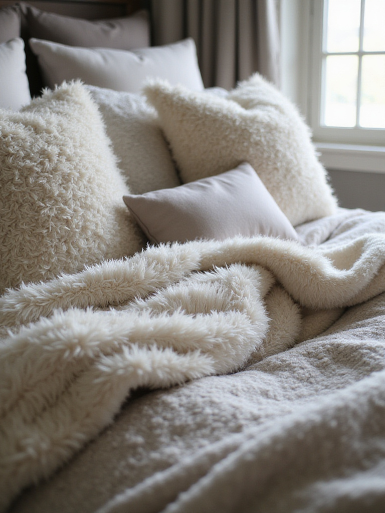 Luxurious bed with plush layers of blankets and pillows, creating a cozy and inviting atmosphere