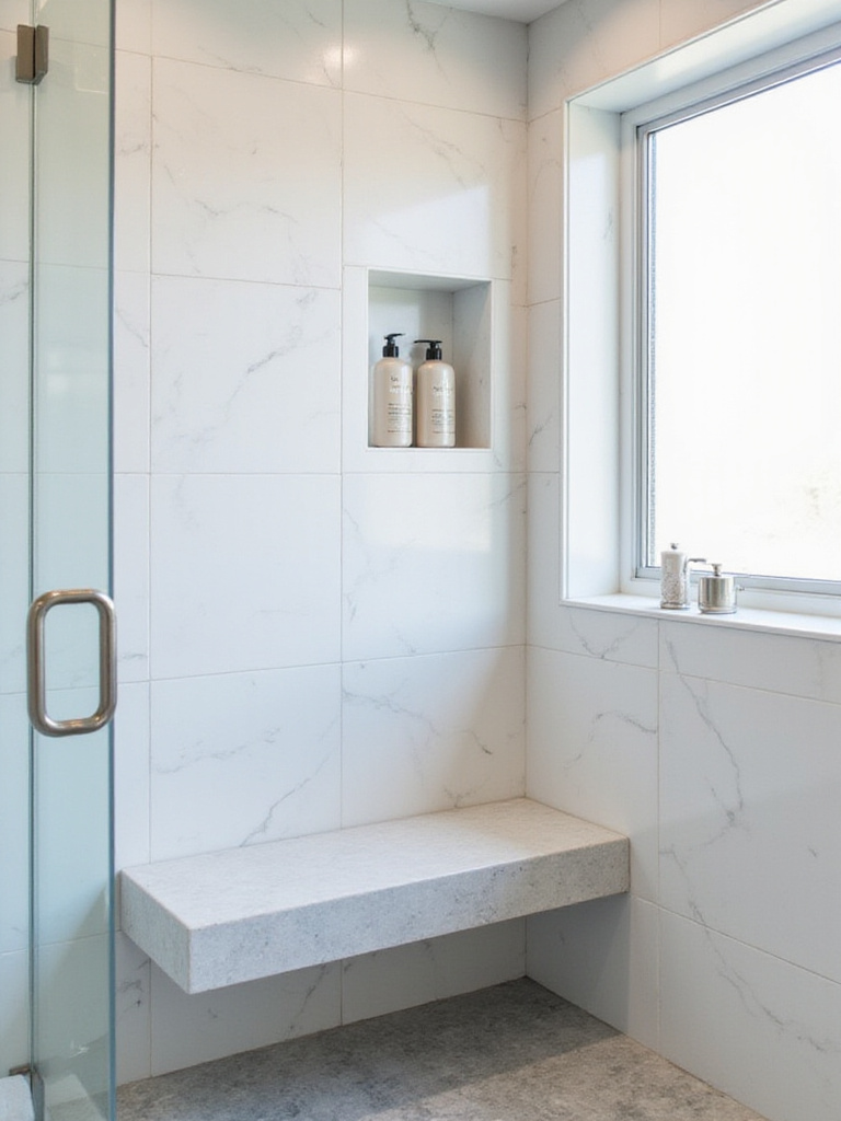 Modern bathroom shower with built-in quartz bench and white tile walls